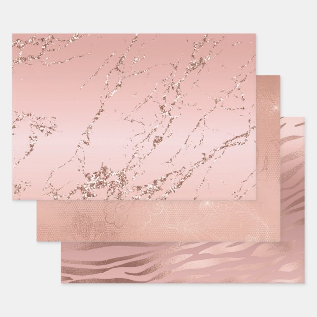Rose Gold Marble Glitzy Glitter Wedding Wrapping Paper Sheets (Set)