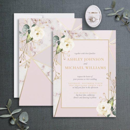 Rose Gold Marble Gold Geometric Eucalyptus Floral Invitation