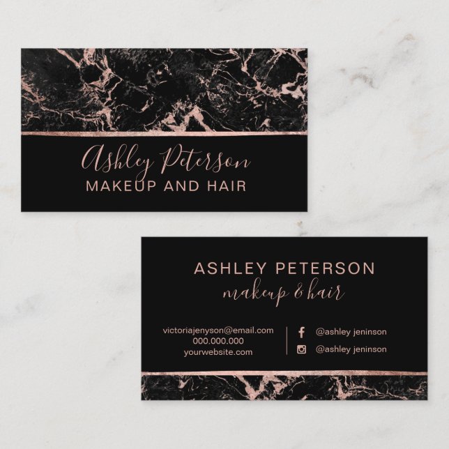 Rose gold marble hair makeup typography business card (Front/Back)