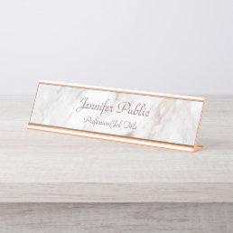 Rose Gold Marble Handwritten Script Elegant Modern Desk Name Plate