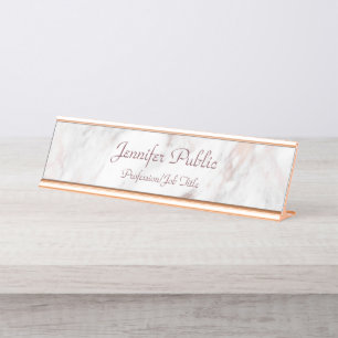 Rose Gold Marble Handwritten Script Elegant Modern Desk Name Plate