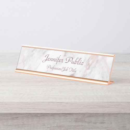 Rose Gold Marble Handwritten Script Elegant Modern Desk Name Plate