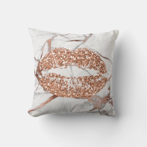 Rose Gold Marble Kiss Lips Makeup Copper Throw Pillow