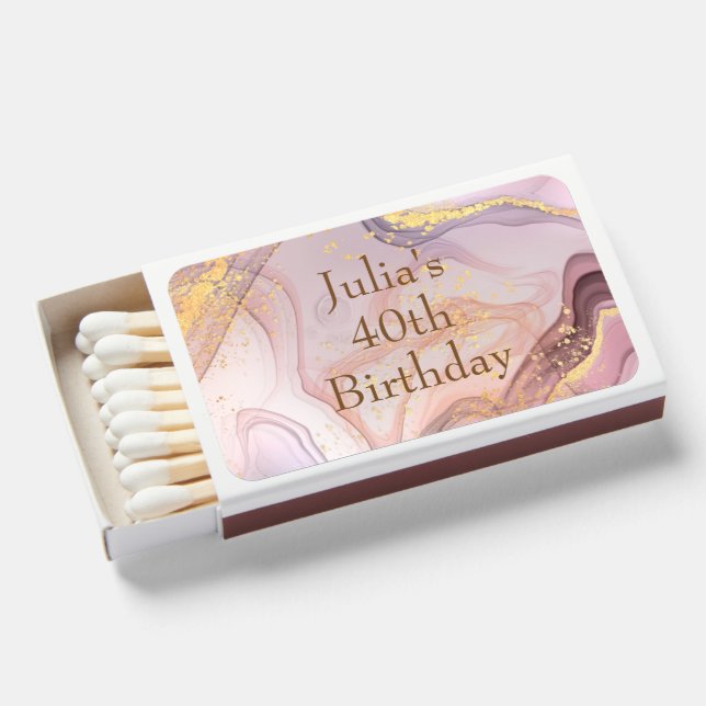 Rose gold marble look pink birthday matchboxes (Front Open)