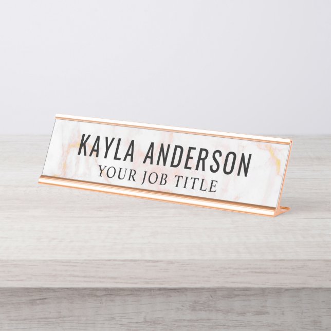 Rose Gold Marble Modern Office Employee Desk Name Plate (Front)