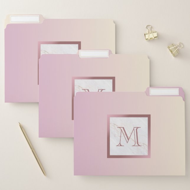 Rose Gold Marble Monogram Pink Ombre File Folder (Set)