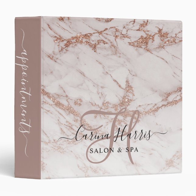 Rose Gold Marble Monogram Salon Appointment Book 3 Ring Binder (Front/Spine)