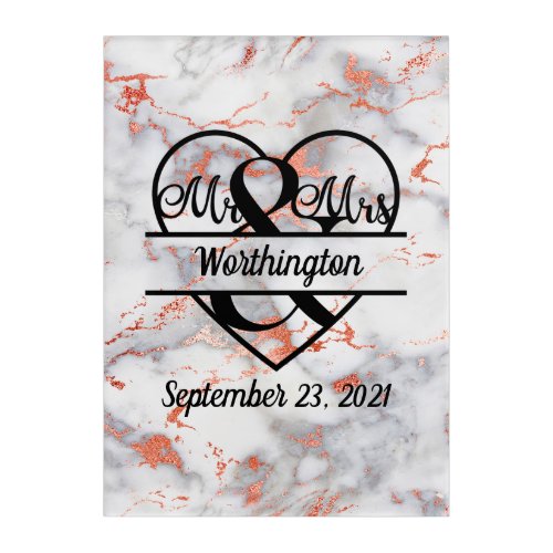 Rose Gold Marble Mr and Mrs Heart Wedding Gift Acrylic Print