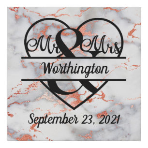 Rose Gold Marble Mr. and Mrs. Heart Wedding Gift Faux Canvas Print