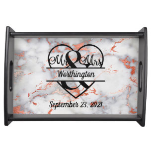 Rose Gold Marble Mr. and Mrs. Heart Wedding Gift Serving Tray