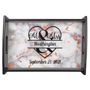 Rose Gold Marble Mr. and Mrs. Heart Wedding Gift Serving Tray