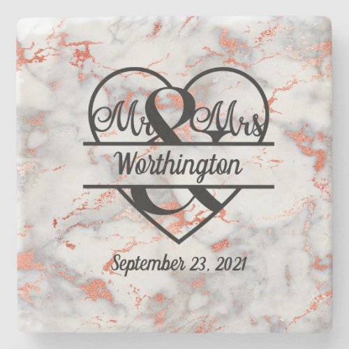 Rose Gold Marble Mr and Mrs Heart Wedding Gift  Stone Coaster