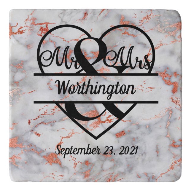 Rose Gold Marble Mr. and Mrs. Heart Wedding Gift   Trivet (Front)