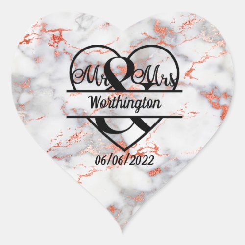 Rose Gold Marble Mr and Mrs Heart Wedding  Heart Sticker