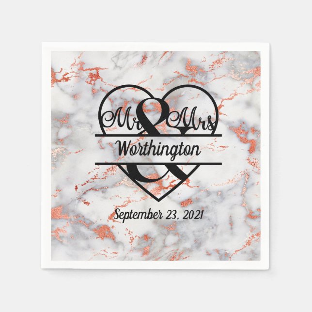 Rose Gold Marble Mr. and Mrs. Heart Wedding Napkins (Front)