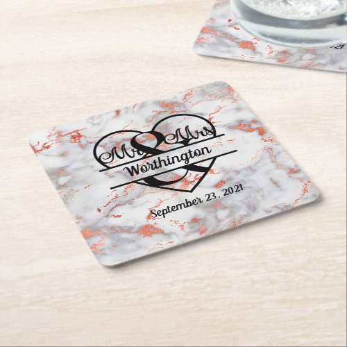 Rose Gold Marble Mr and Mrs Heart Wedding  Square Paper Coaster