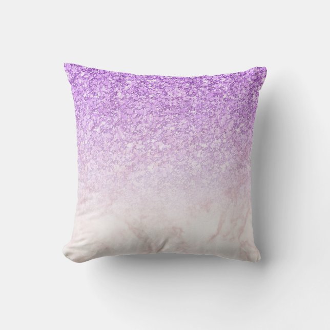 Rose-Gold Marble Ombre & Purple Glitter Throw Pillow (Front)
