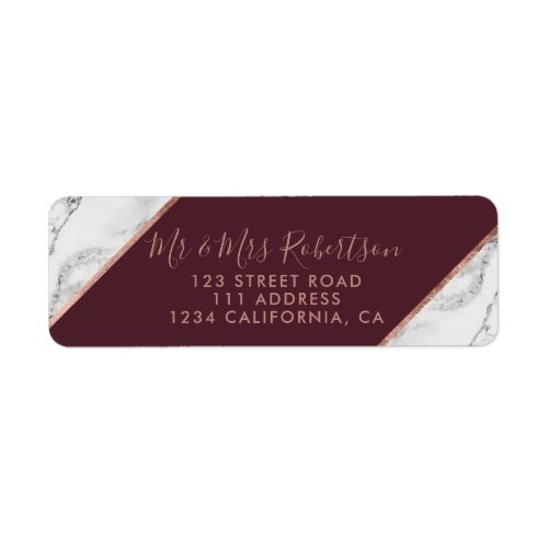 Rose gold marble ombre script burgundy wedding label