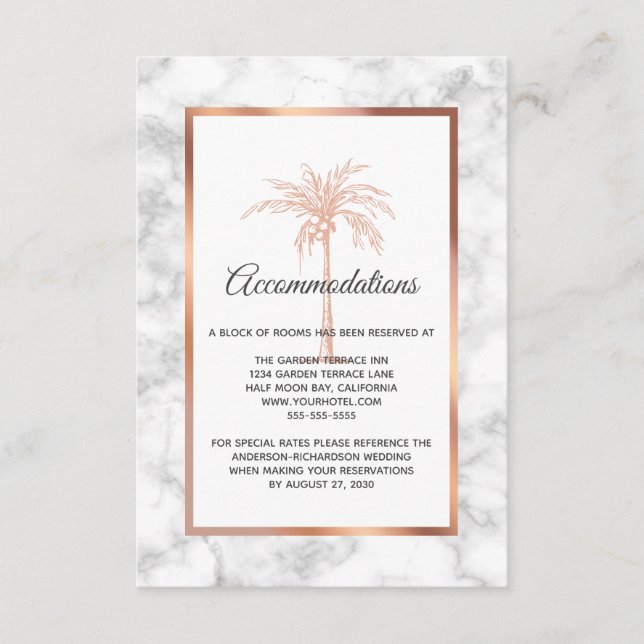 Rose Gold Marble Palm Tree Wedding Accommodations Enclosure Card (Front)