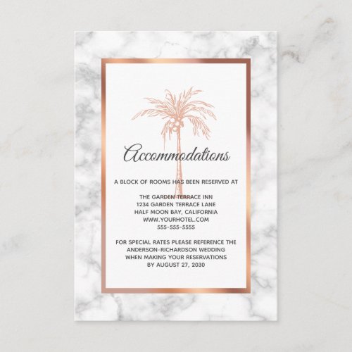 Rose Gold Marble Palm Tree Wedding Accommodations Enclosure Card