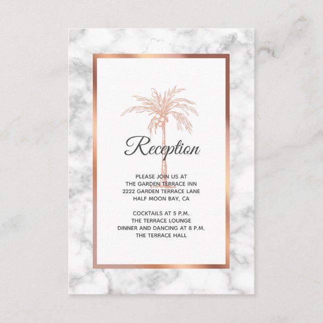 Rose Gold Marble Palm Tree Wedding Reception Enclosure Card (Front)