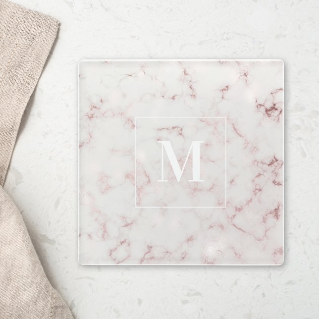 Rose Gold Marble Personalized Monogram Glass Coaster (Creator Uploaded)