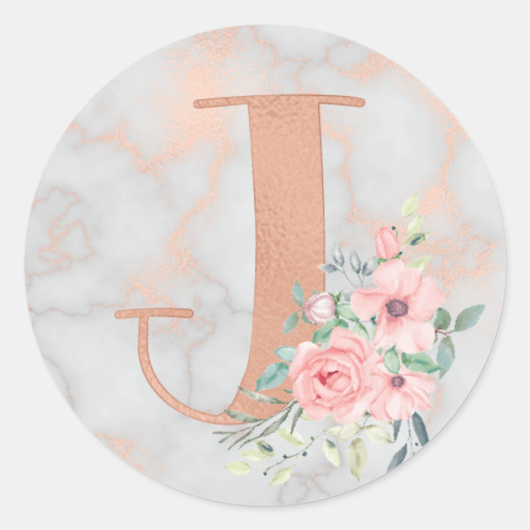 Rose Gold Marble Pink Flowers Monogram Letter J Classic Round Sticker ...