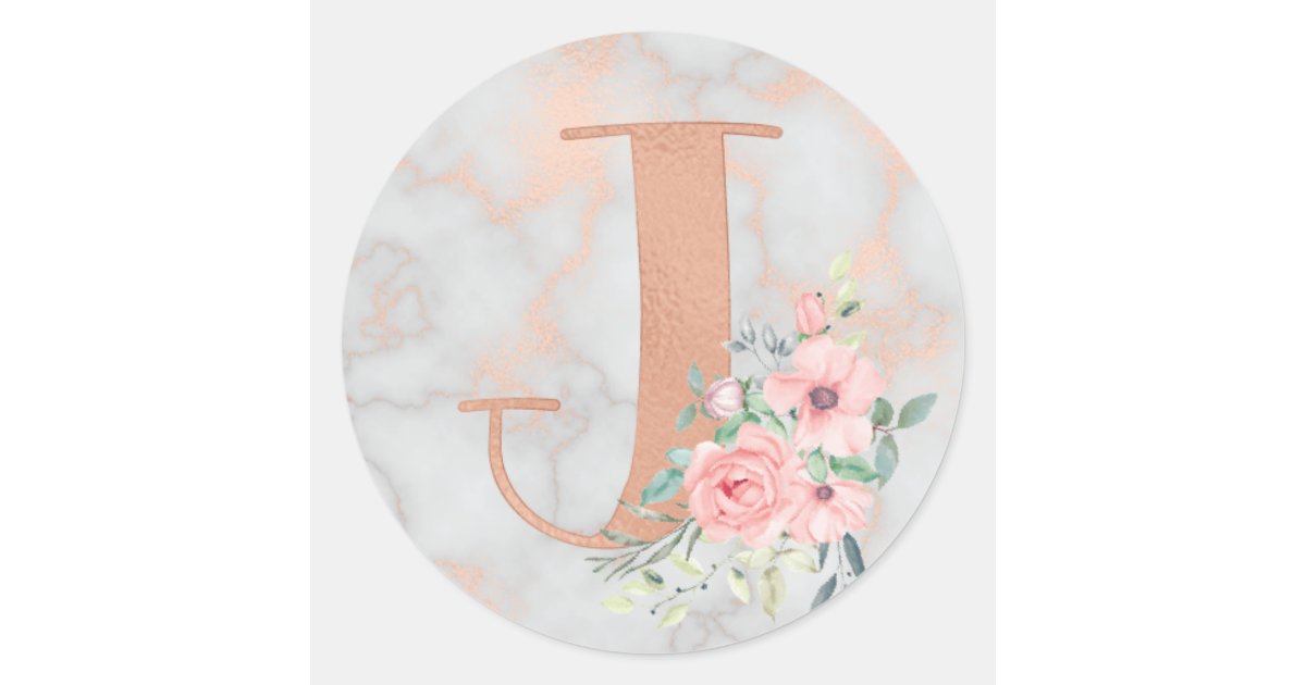 Rose Gold Marble Pink Flowers Monogram Letter J Classic Round Sticker | Zazzle.com