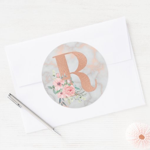 Rose Gold Marble Pink Flowers Monogram Letter R Classic Round Sticker ...