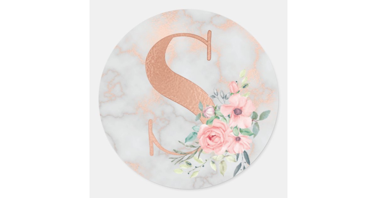 Rose Gold Marble Pink Flowers Monogram Letter S Classic Round Sticker Zazzle Com