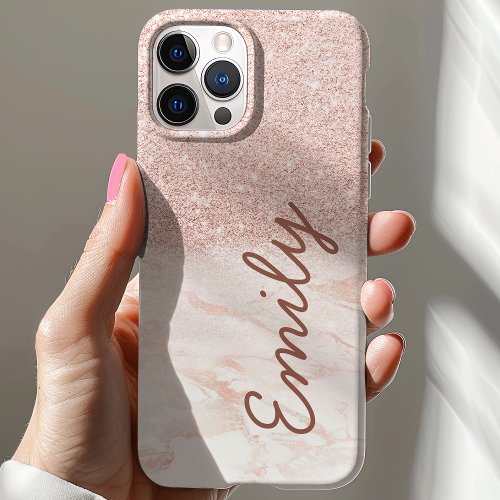Rose Gold Marble Pink Ombre Faux Glitter Monogram iPhone 12 Case