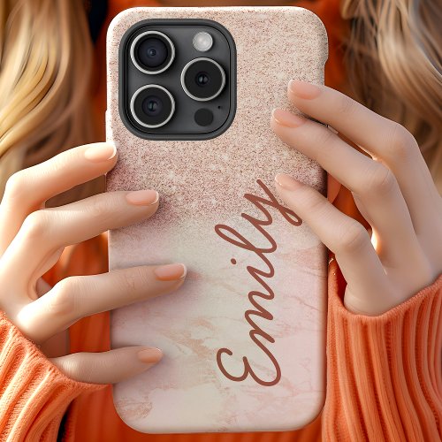 Rose Gold Marble Pink Ombre Glitter Monogram Name iPhone 15 Case