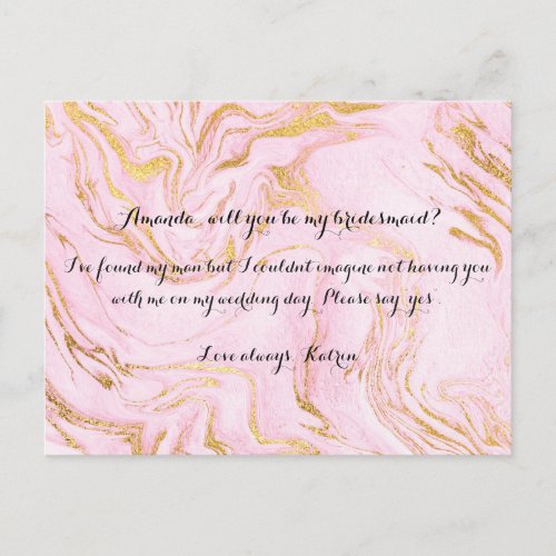 Rose Gold Marble Pink Will You Be My Bridesmaid Invitation Postcard