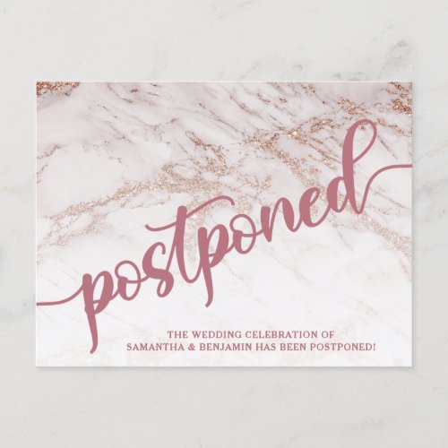 Rose Gold Marble Postponed Wedding Announcement Postcard