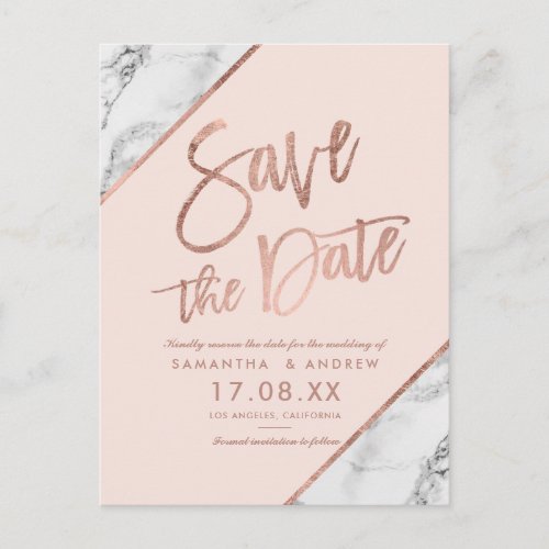 Rose gold marble script blush pink save the date announcement postcard