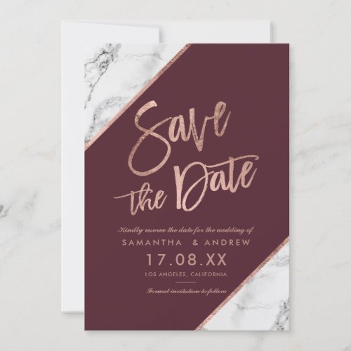 Rose gold marble script burgundy save the date