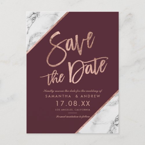 Rose gold marble script burgundy save the date announcement postcard