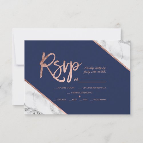 Rose gold marble script navy blue rsvp wedding