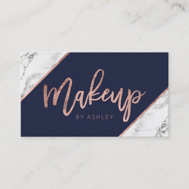 Rose gold marble script navy makeup typography business card (Front)