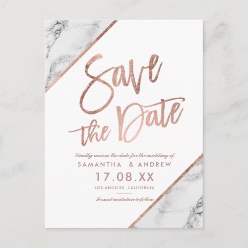 Rose gold marble script white save the date announcement postcard