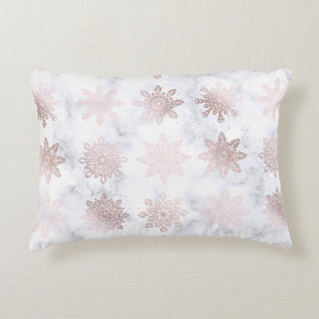 Rose Gold & Marble Snowflake Christmas Pattern Accent Pillow (Front)