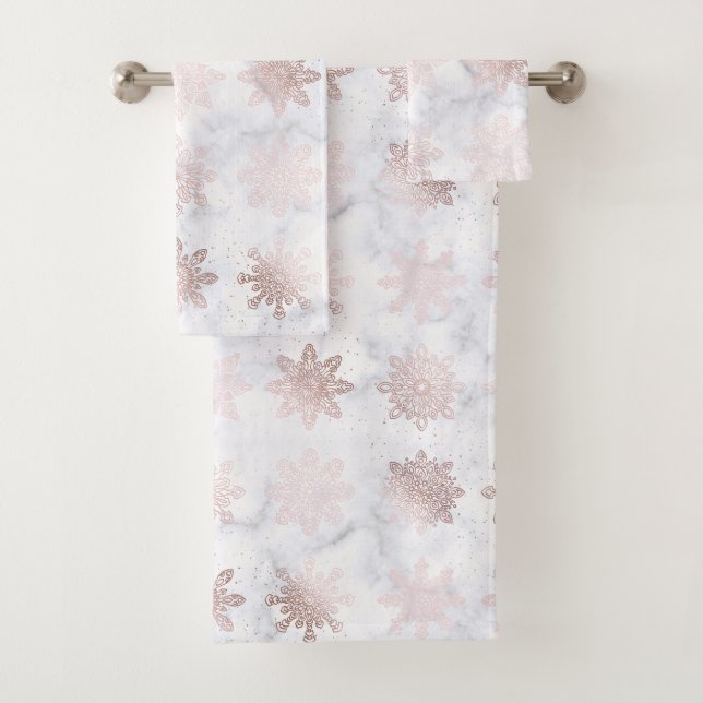 Rose Gold & Marble Snowflake Christmas Pattern Bath Towel Set (Insitu)