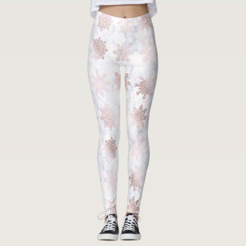 Rose Gold  Marble Snowflake Christmas Pattern Leggings