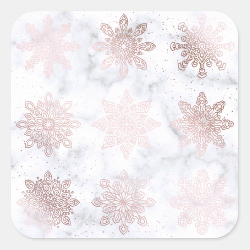 Rose Gold  Marble Snowflake Christmas Pattern Square Sticker