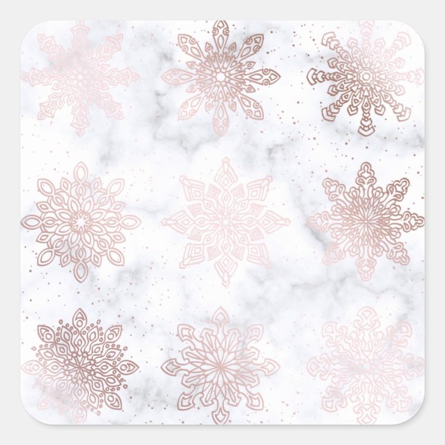 Rose Gold & Marble Snowflake Christmas Pattern Square Sticker (Front)