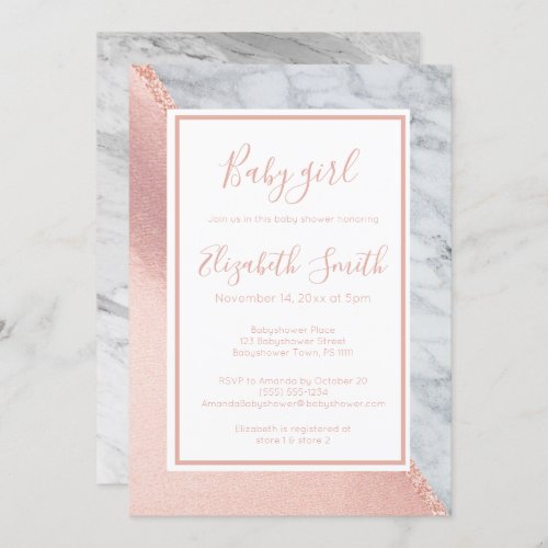 Rose gold marble sparkle baby girl babyshower invitation