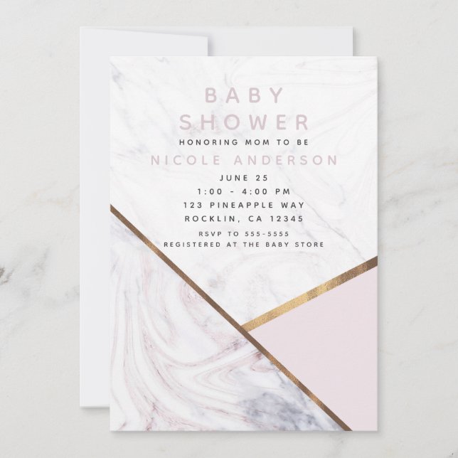 Rose Gold Marble Swirl Blush Pink Baby Shower Invitation (Front)