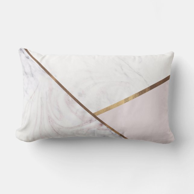 Rose Gold Marble Swirl & Blush Pink Bronze Glam Lumbar Pillow (Front)