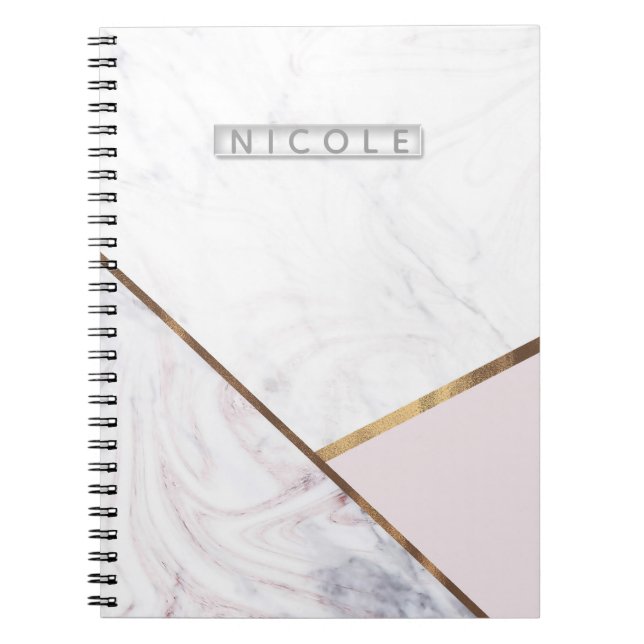 Rose Gold Marble Swirl & Blush Pink Bronze Glam Notebook (Front)