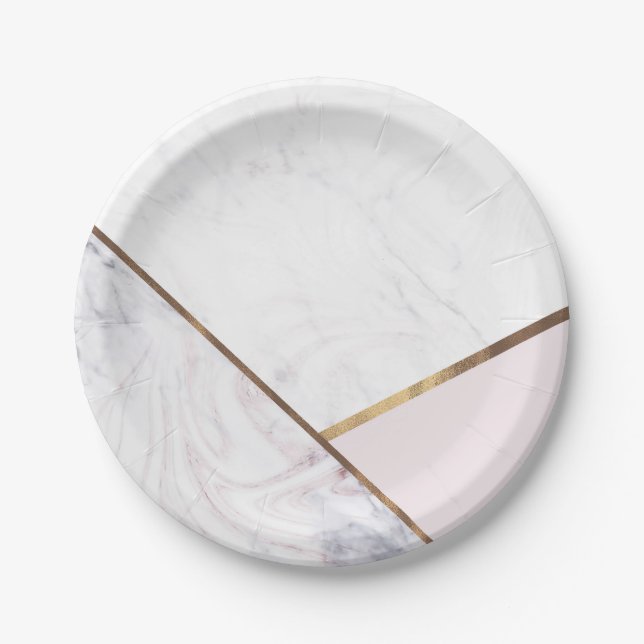 Rose Gold Marble Swirl & Blush Pink Bronze Glam Paper Plates (Front)